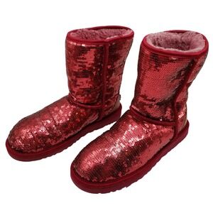 UGG Australia Classic Short Sparkles Red Sequin Boots 1003598 Womens 8